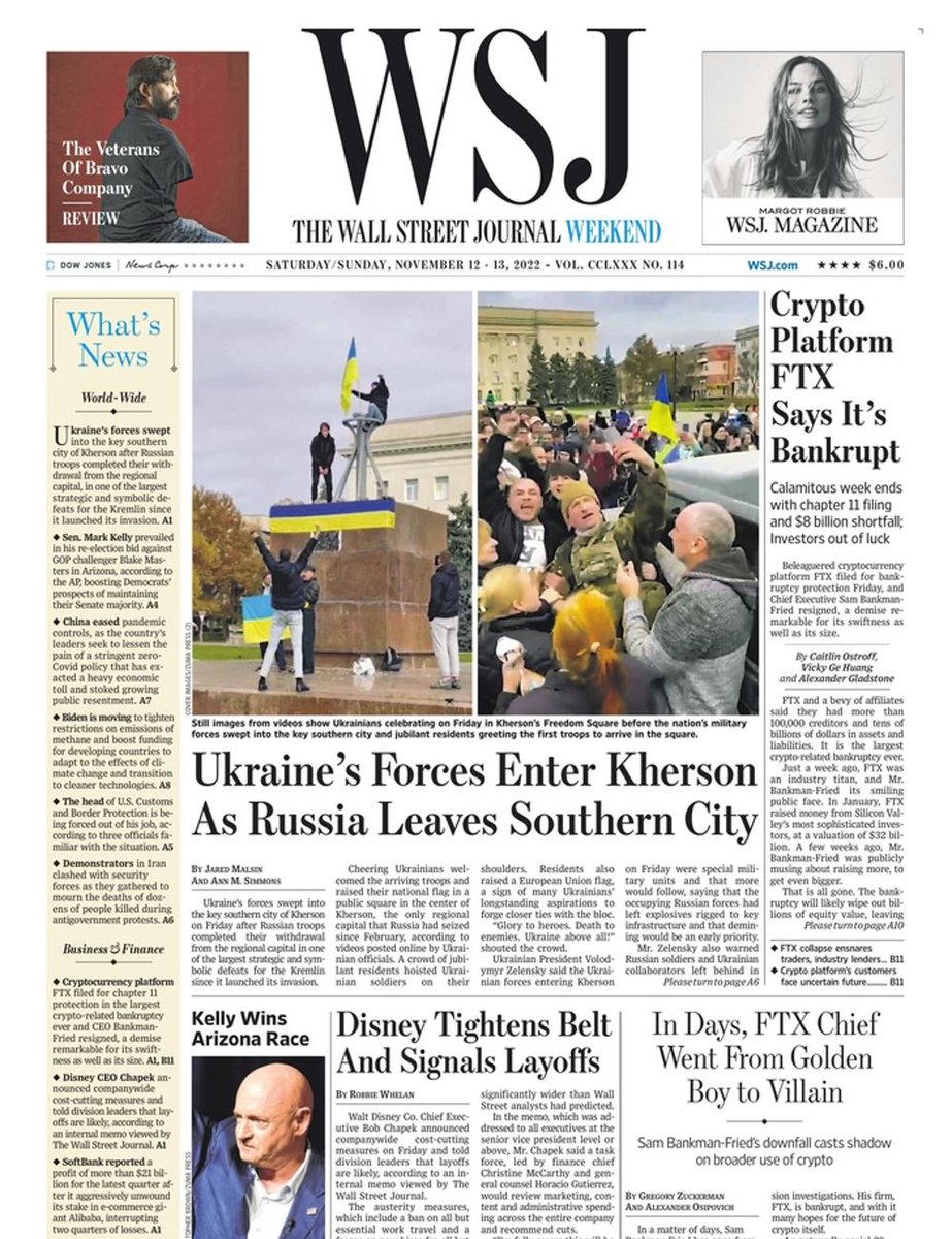 The front page of The Wall Street Journal this morning.
Saturday, November 12 2022.