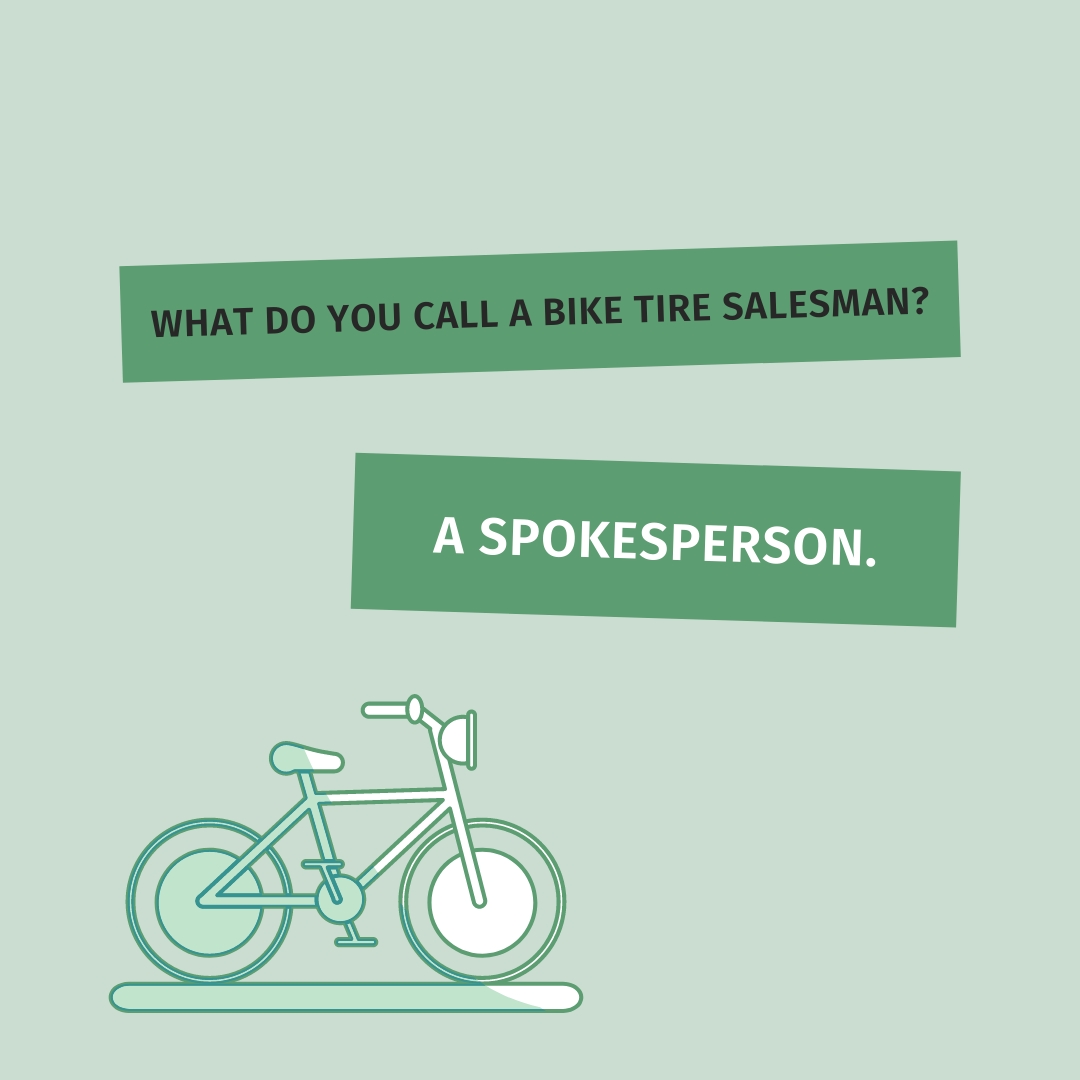GregVining's tweet photo. What do you call a bike tire salesman? A Spokesperson.  via: https://t.co/cEqt3p1MMb https://t.co/dItgkUwZGl