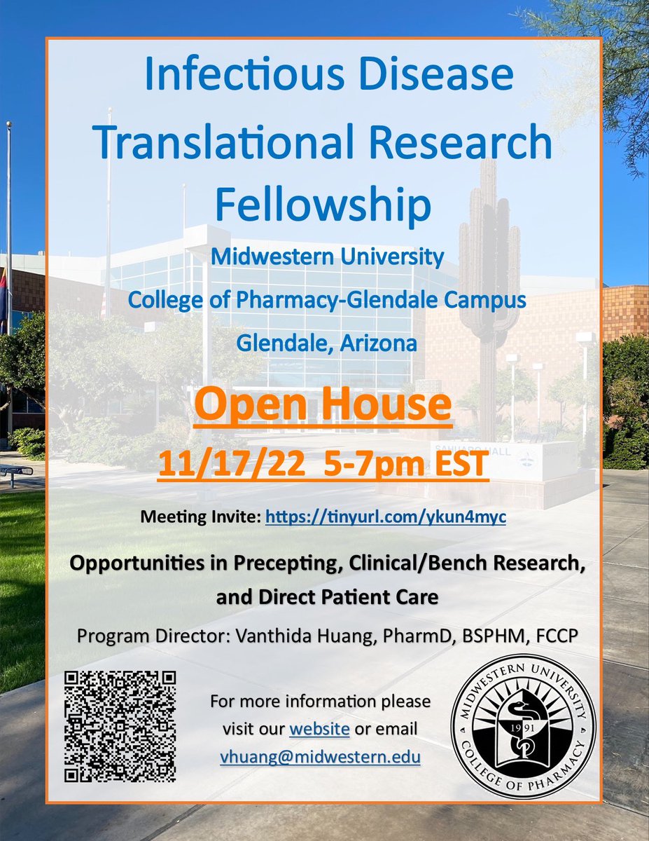 Missed us at SNPhA x ACCP Showcase? Interest in Infectious Disease 🦠🧫postgrad training, yet, unsure what to choose? MWU ID Fellowship in Glendale, AZ ☀️has an Open House on 11/17/22 5-7PM EST. See you there! ⏰ @ACCPpostgrads #pharmres #TwitteRx Link: tinyurl.com/ykun4myc