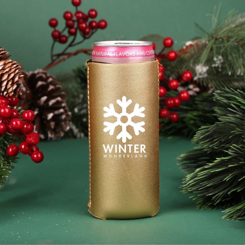 Add a little shimmer and personalization to your holiday party with the Metallic Neoprene Slim Seltzer Coolie. This is a flashy way to insulate the popular slim seltzer cans and share your branding message loud and clear.