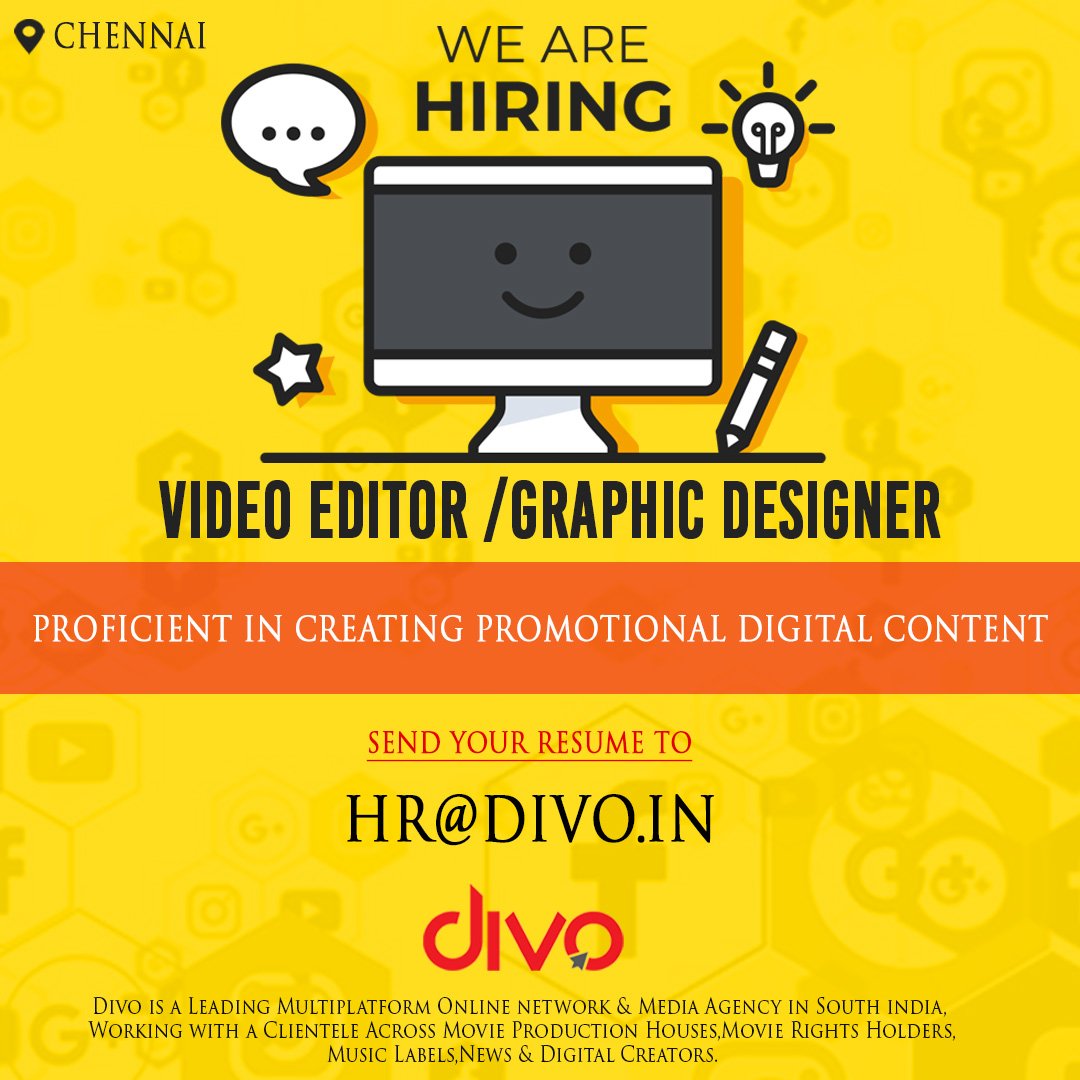 divomovies's tweet photo. Job Opening Alert 🚨
We are hiring VIDEO EDITOR/GRAPHIC DESIGNER ✂️ 🎞️
Location - Chennai
Send your resume to hr@divo.in📮
#Hiring #VideoEditor #GraphicDesigner #DivoHiring #WorkAtDivo #Editor #JobsAtDivo https://t.co/xD54ssvYpX