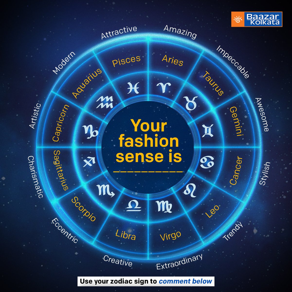 BaazarKolkata's tweet photo. Each Zodiac sign comes with its own fashion quality! ♈♊
Which one is yours? 😉
#BaazarKolkata #fashionadddict #fashionlover #shoppinglover #shopaholic #shoppingisfun #womenswear #womensfashions #womensoutfit #menswear #mensfashion #kidswear #kidsfashion #commentbelow https://t.co/cURLM3pKwA