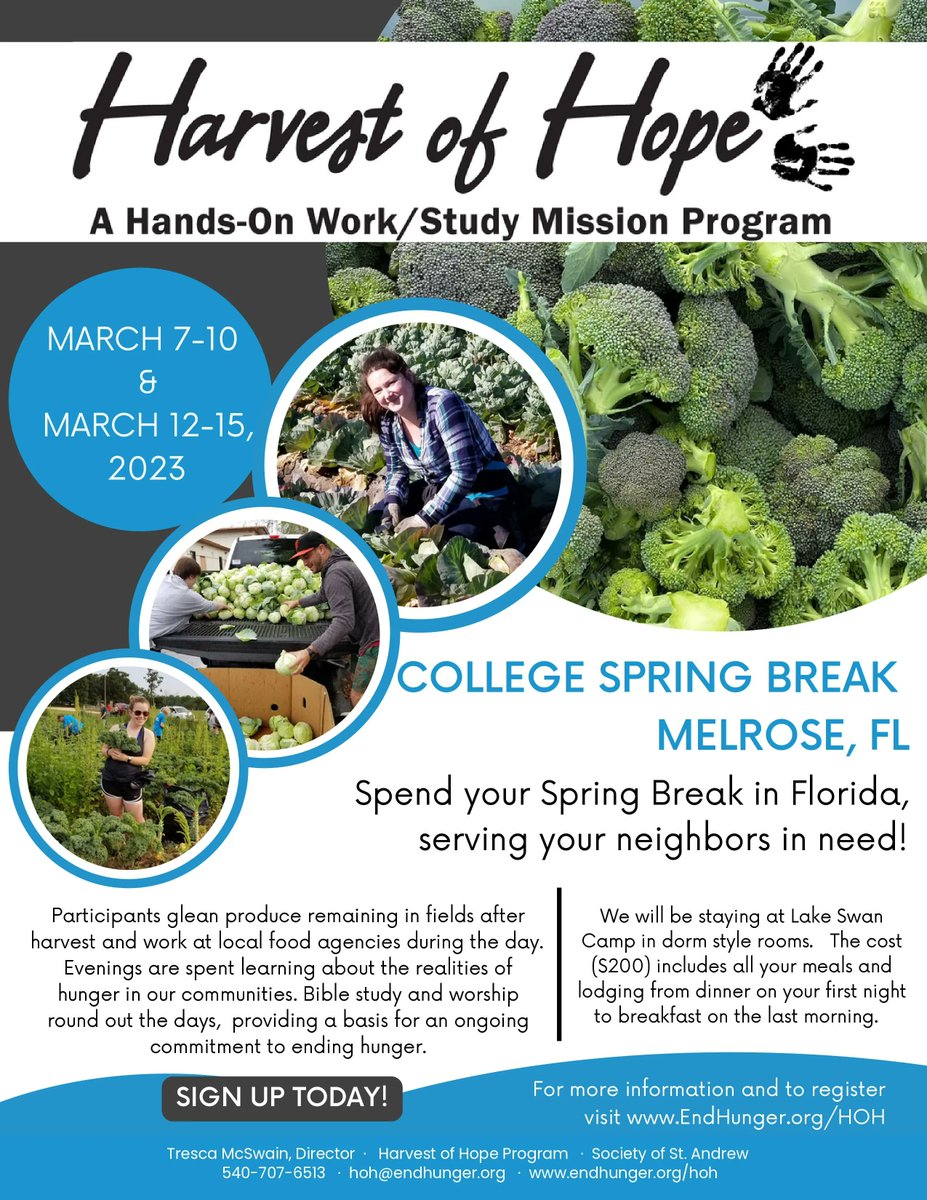 What are you doing for Spring Break in 2023? Check out this opportunity in Florida with SoSA. Harvest of Hope is back in action! #endhunger #harvestofhope2023 buff.ly/2Um5G91