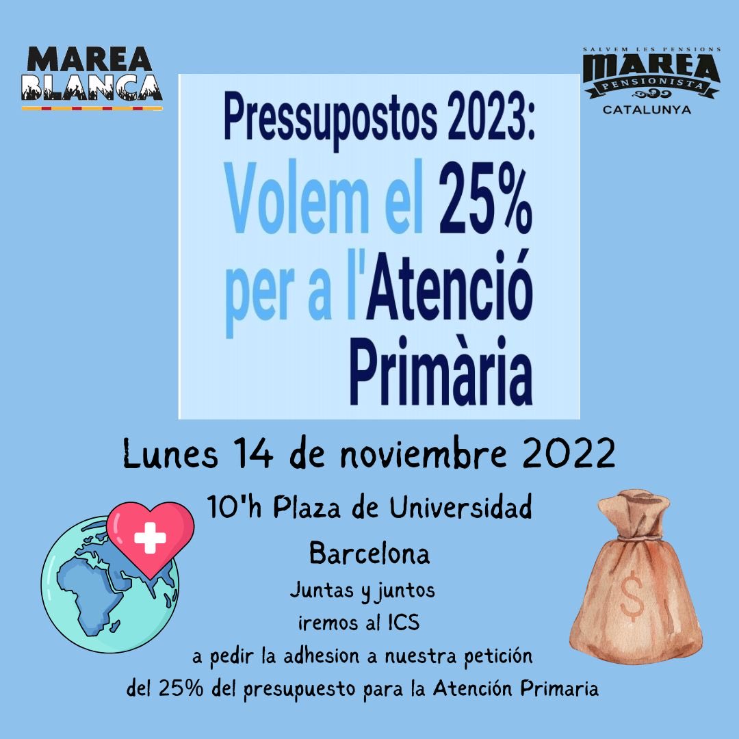 Si te duele la sanidad pública haz algo por ella👇🏽
<a href="/medicusmundimed/">Medicus Mundi Med</a> <a href="/quenopasemas/">Que No Pase Más</a> <a href="/SalutDretsAccio/">Salut, Drets, Acció</a> <a href="/SanitariesL/">Sanitàries En Lluita</a> <a href="/MareaBlancaCAT/">Marea Blanca CAT</a> <a href="/_FoCAP_/">FoCAP</a> <a href="/capcalerabcn/">La Capçalera Barcelona</a> <a href="/rebelioprimaria/">Rebel·lió Atenció Primària</a> <a href="/Marea_MAT/">Marea-Masnou, Alella i Teià</a> <a href="/CugatMarea/">Marea Blanca Sant Cugat</a> <a href="/catalunya_marea/">MareaPensionistaCatalunya</a> <a href="/SAPMuntanya/">CE SAP Muntanya</a> <a href="/quepo_org/">Quepo</a> <a href="/AmnistiaCAT/">Amnistia Internacional Catalunya</a> <a href="/CONFAVC/">confavc</a> <a href="/ICS_enlluita/">ICS_enlluita</a>