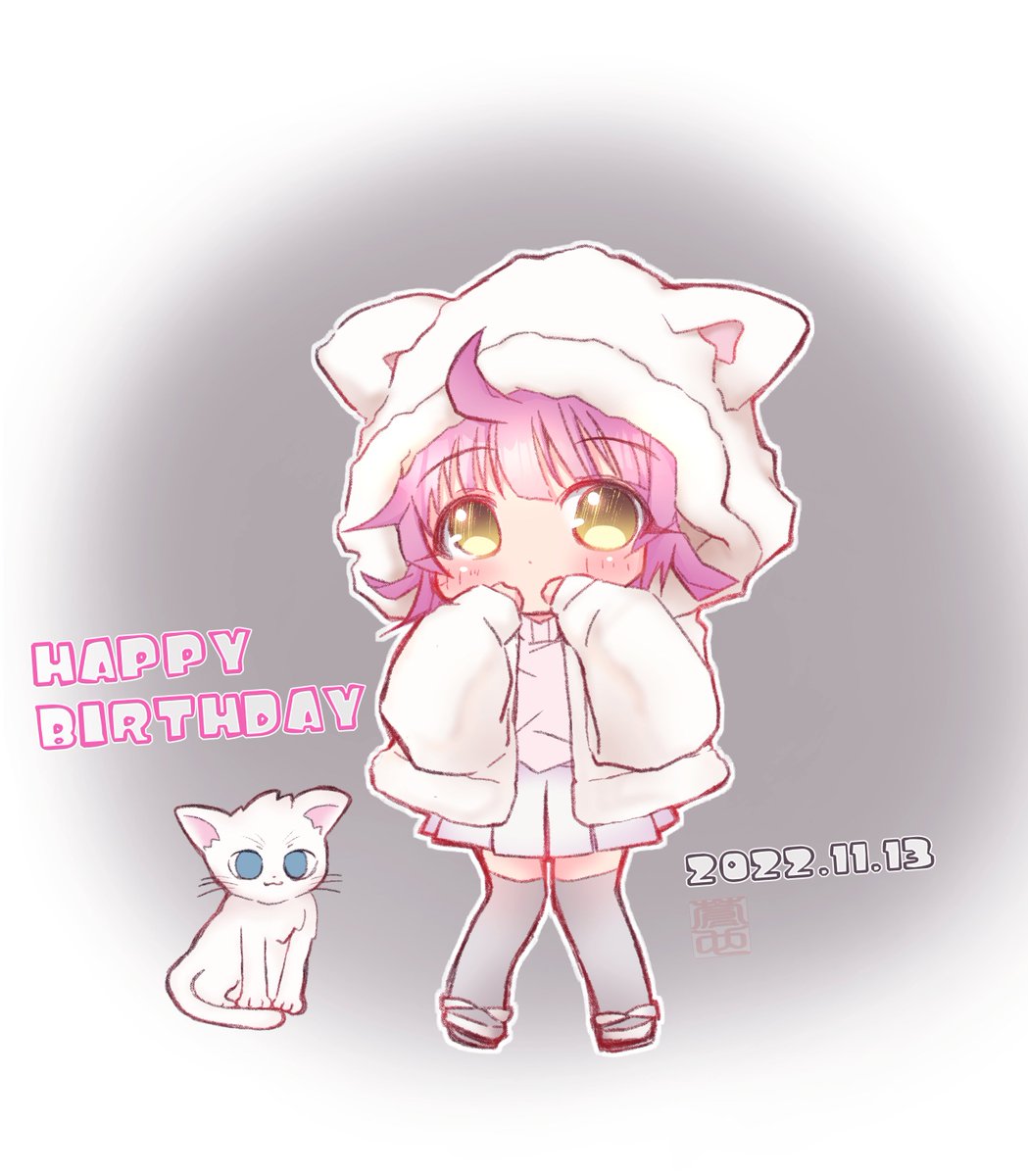 tennouji rina 1girl cat hood pink hair happy birthday birthday yellow eyes  illustration images