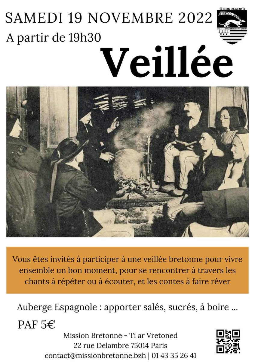 Samedi 19 novembre à la Mission/Ti ar Vretoned, veillée bretonne. Vivre ensemble un bon moment, pour se rencontrer à travers les chants à répéter ou à écouter, et les contes à faire rêver. Ouvert à tous, sur le principe de l’auberge espagnole
