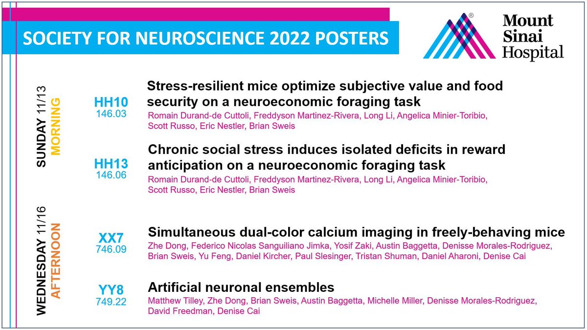 Brian Sweis (@brianmsweis) on Twitter photo #SfN2022 #SfN22 Come by some of our posters!☀️🌮🏝🤓🐁🧠<a href="/neuromano/">Romain Durand-de Cuttoli</a> <a href="/EricJNestler/">Eric J. Nestler, MD, PhD</a> @ScottRusso_CAN <a href="/FreddysonJ/">Martínez-Rivera FJ</a> <a href="/Long92335990/">Long Li</a> <a href="/MinierAngelica/">Angélica Minier Toribio</a> <a href="/austinbaggetta/">Austin Baggetta</a> <a href="/susie_feng/">Susie Yu Feng</a> <a href="/mysteriousjoe_/">Joe Zaki</a> <a href="/fsangiul/">Federico</a> @dmoralesrodrig <a href="/tristanshuman/">Tristan Shuman</a> @DanielBAharoni <a href="/denisejcai/">Denise J. Cai, Ph.D.</a> <a href="/SinaiBrain/">Friedman Brain Institute</a> <a href="/MountSinaiPsych/">Mount Sinai Psychiatry</a> #SfN2022 #SfN22 Come by some of our posters!☀️🌮🏝🤓🐁🧠<a href="/neuromano/">Romain Durand-de Cuttoli</a> <a href="/EricJNestler/">Eric J. Nestler, MD, PhD</a> @ScottRusso_CAN <a href="/FreddysonJ/">Martínez-Rivera FJ</a> <a href="/Long92335990/">Long Li</a> <a href="/MinierAngelica/">Angélica Minier Toribio</a> <a href="/austinbaggetta/">Austin Baggetta</a> <a href="/susie_feng/">Susie Yu Feng</a> <a href="/mysteriousjoe_/">Joe Zaki</a> <a href="/fsangiul/">Federico</a> @dmoralesrodrig <a href="/tristanshuman/">Tristan Shuman</a> @DanielBAharoni <a href="/denisejcai/">Denise J. Cai, Ph.D.</a> <a href="/SinaiBrain/">Friedman Brain Institute</a> <a href="/MountSinaiPsych/">Mount Sinai Psychiatry</a>