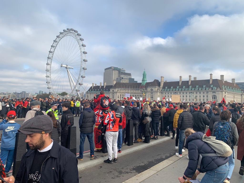 campbellclaret's tweet photo. “We are taxpayers not invaders” … Albanians living in Britain making clear what they think of our very right wing Home Secretary in protest at Parliament https://t.co/GowHynjZNT
