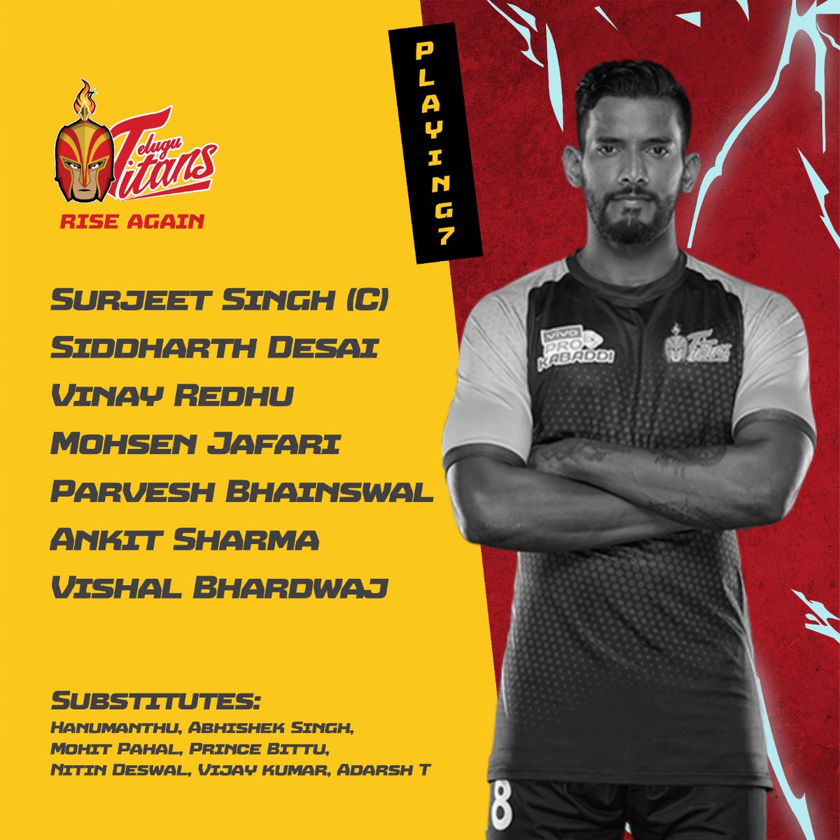 Telugu_Titans's tweet photo. Today's Squad.
#vivoProKabaddi #TeluguTitans #IdiAataKaaduVetaa #MatchDay #TTvsUP #WeRiseAgain #Kabaddi #KabaddiIndia https://t.co/Qn7HseZErY