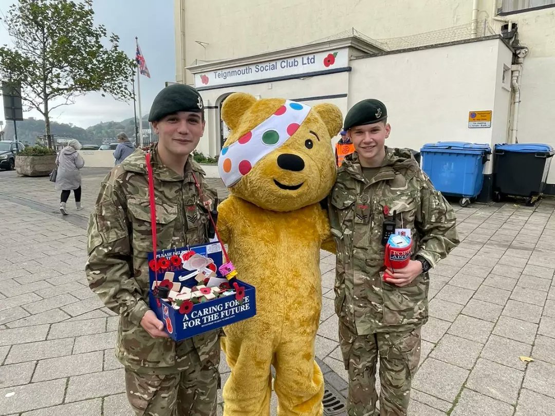 Teignmouth Detachment collecting for the RBL Poppy appeal and joined by Pudsey Bear <a href="/DevonPoppy/">Devon Poppy Appeal</a>