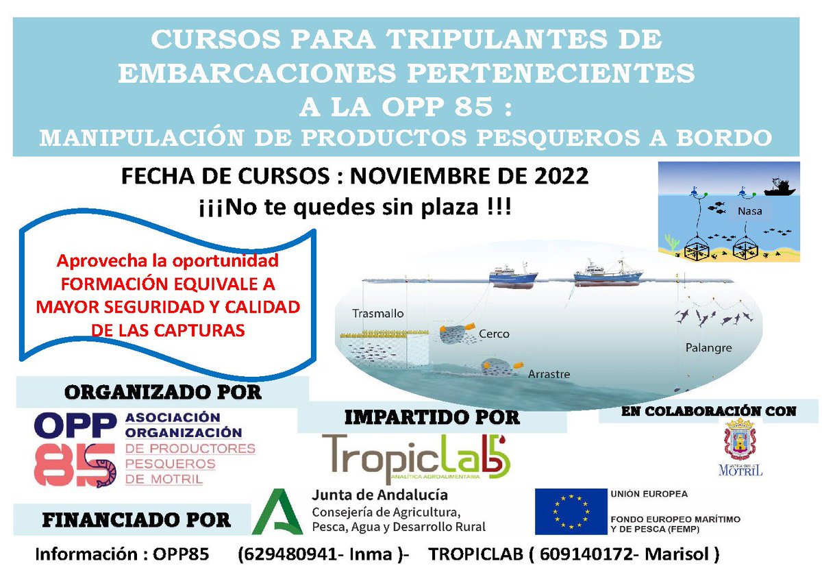 OPPMOTRIL's tweet photo. 🎓Da comienzo el curso “Manipulación de Productos Pesqueros a bordo”, organizado por la @OPPMOTRIL para las tripulaciones de nuestra flota asociada. 
⚓️Hoy participa un magnífico grupo de pescador@s de artes menores, con el fin de revalorizar sus producciones de pesca fresca. https://t.co/rRhlTWA7yv