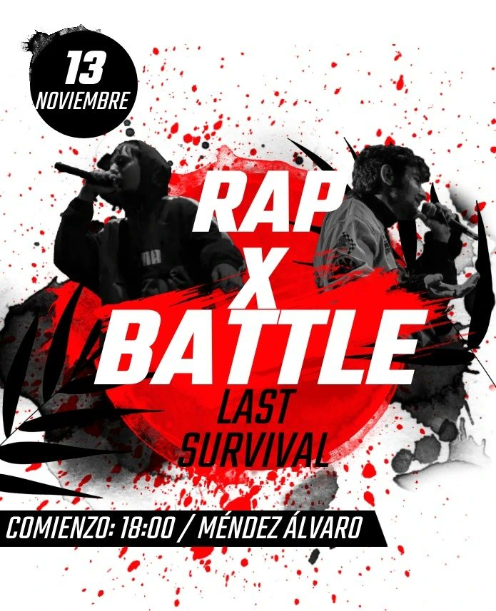Last Survival será mañana en la fábrica de Méndez Álvaro con los 16 seleccionados y una exhibición entre Kmbra (Madrid) y LP (Málaga)

A las 17:00 Quedada
17:30 El sorteo de emparejamientos
18:00 la batalla

Jurados

Xcru
Jflow
NotaLoka

Speakers:

Saifer
Iri

Cámara

Acemad