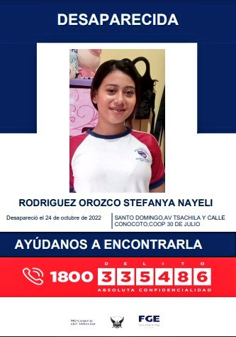 ecuainm_oficial's tweet photo. ‼️#URGENTE
@PoliciaEcuador solicita información de Rodríguez Orozco Stefanya Nayeli de 14 años de edad, quien reportada como desaparecida desde el 24 de octubre de 2022; fue vista por última vez en la Coop. Santa Martha sector 5, en Santo Domingo. https://t.co/2I8BSOwGdD