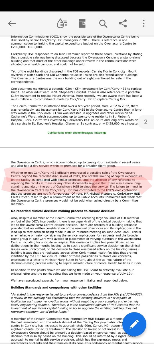 Letter from Oireachtas Health Commitee to the HSE Board states that the evidence of under-investment in the Owenacurra premises, recorded discussion of possible sale in 2019 &amp; omission of any replacement proposal suggest a "long-standing agenda to close the service".

<a href="/pjcoogan/">PJ Coogan</a>