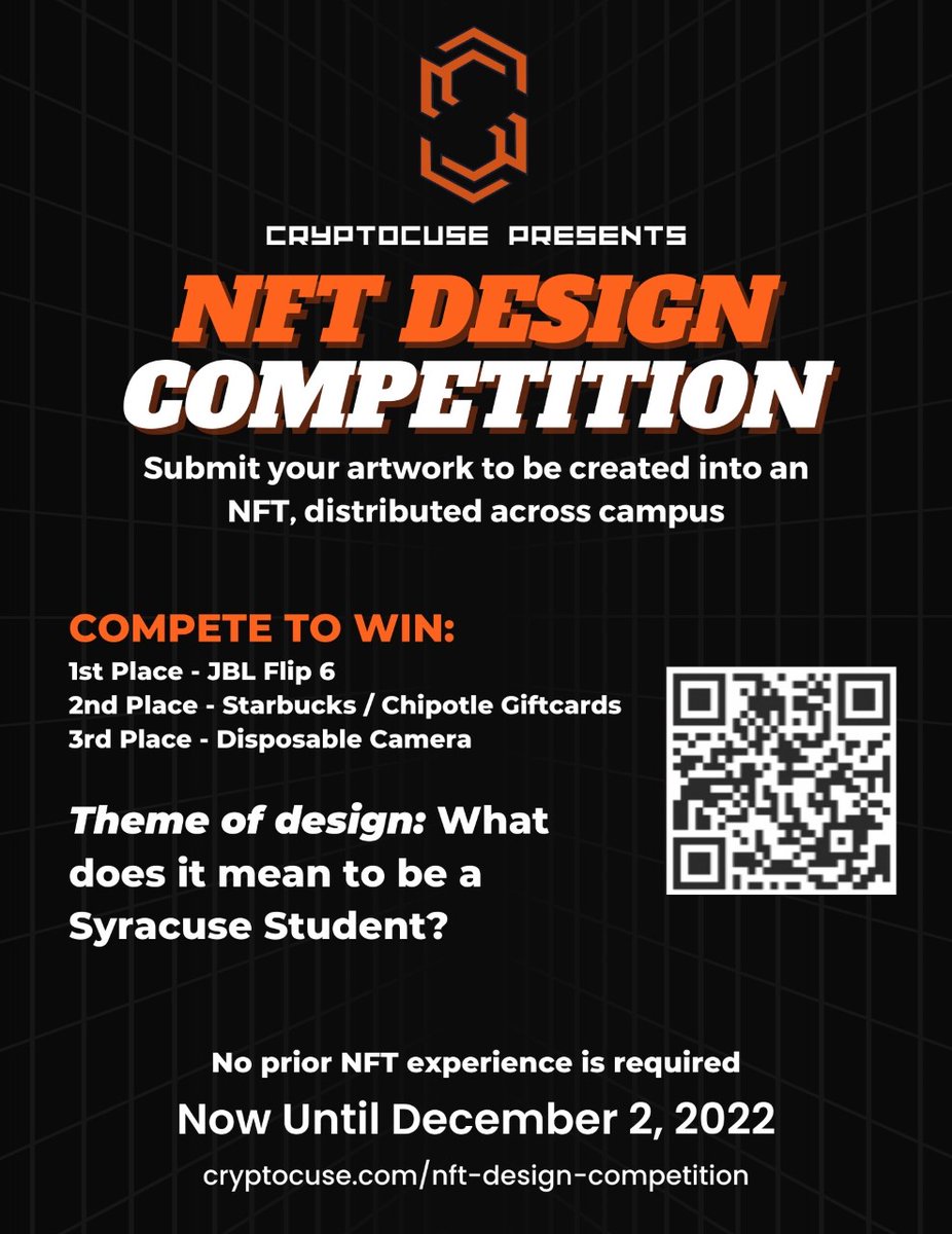 cuseblockchain's tweet image. The submissions for the NFT Design Competition have been rolling in😎. Please get your designs in by December 2nd for a chance to win a prize and have your artwork distributed across campus! To submit designs and learn more about the competition go here: cryptocuse.com/nft-design-com…