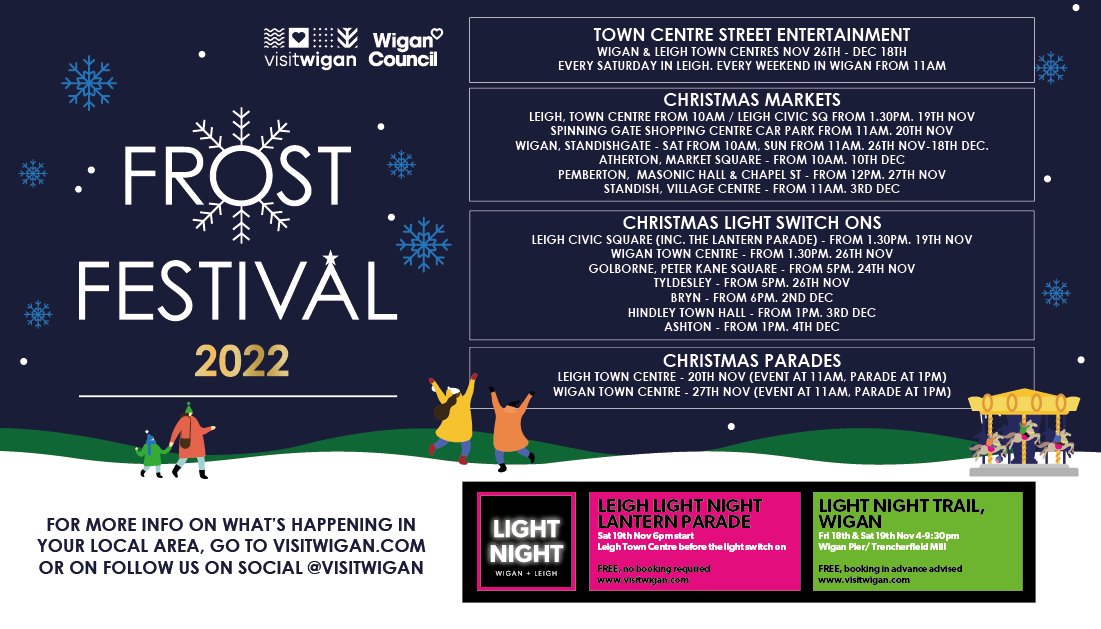 One week to go-ho-ho! 🎄🎅

Frost Fest begins in Leigh on Saturday 19 Nov, with a lantern parade, followed by a cracker of a stage show to switch on the town's lights and a Christmas parade the following day.

Full programme of events around the borough 👉 visitwigan.com