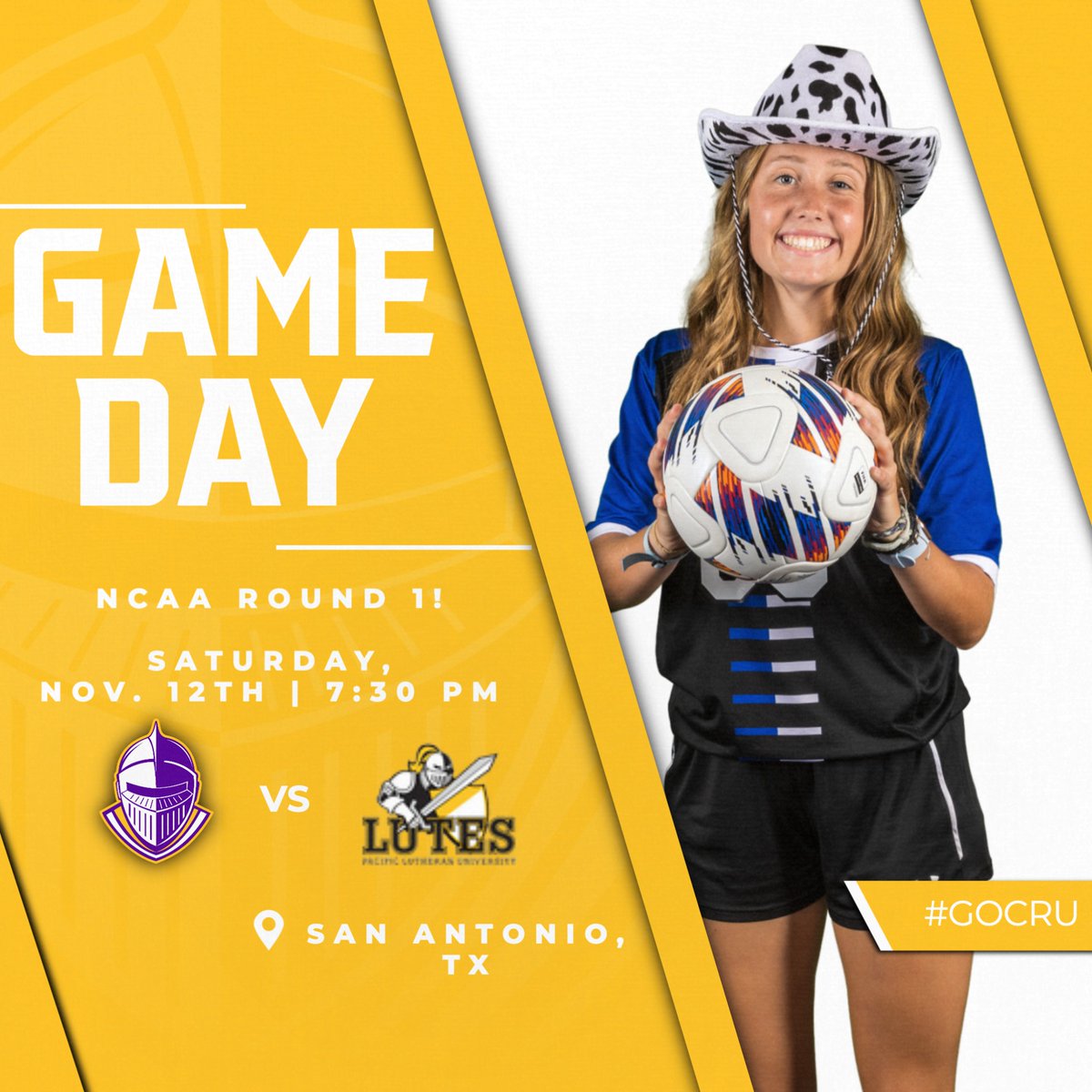 NCAA ROUND 1!

⚽️ | Pacific Lutheran U.
📍 | San Antonio, TX
⏰ | 7:30 PM
📽 | youtube.com/watch?v=GocCa3…
📶 | stats.statbroadcast.com/broadcast/?id=…

#gocru