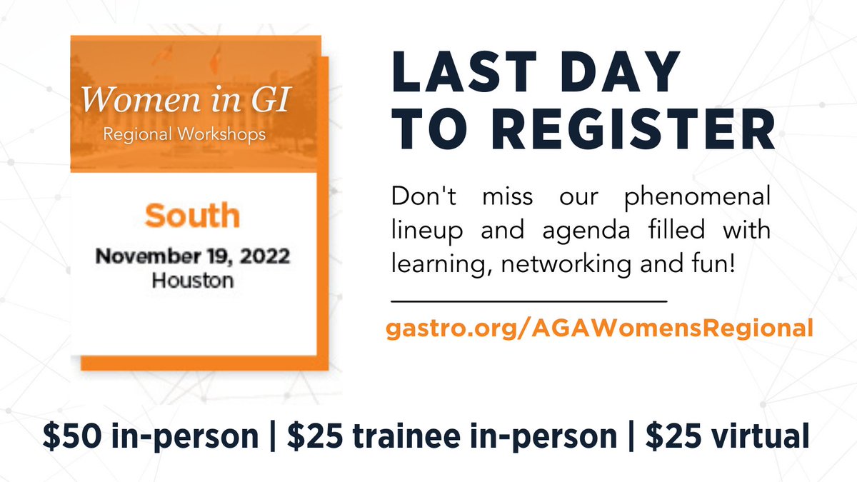 American Gastroenterological Association (AGA) (@amergastroassn) on Twitter photo 🚨 Last day to register for the final #womeninGI workshop! <a href="/KanwalFasiha/">Fasiha Kanwal</a> <a href="/MccutchenDr/">Dr. Aja Mccutchen</a> <a href="/richashuklaMD/">Richa Shukla</a> <a href="/milenasuarez/">Milena Gould Suarez, MD</a> and <a href="/JDBernicaMD/">Jessica Bernica</a> can't wait to see you Nov. 19!
⚒️build new connections, 📢share strategies for growth and 💹champion each other.
Register ow.ly/wt2F50Ltmwk 🚨 Last day to register for the final #womeninGI workshop! <a href="/KanwalFasiha/">Fasiha Kanwal</a> <a href="/MccutchenDr/">Dr. Aja Mccutchen</a> <a href="/richashuklaMD/">Richa Shukla</a> <a href="/milenasuarez/">Milena Gould Suarez, MD</a> and <a href="/JDBernicaMD/">Jessica Bernica</a> can't wait to see you Nov. 19!
⚒️build new connections, 📢share strategies for growth and 💹champion each other.
Register ow.ly/wt2F50Ltmwk