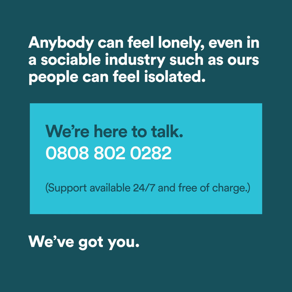 HospAction's tweet photo. If you're worried about someone who works in #hospitality, let them know we're here to help. And if you need a chat, we're here for you too. #wevegotyou https://t.co/5jB65ywTyZ