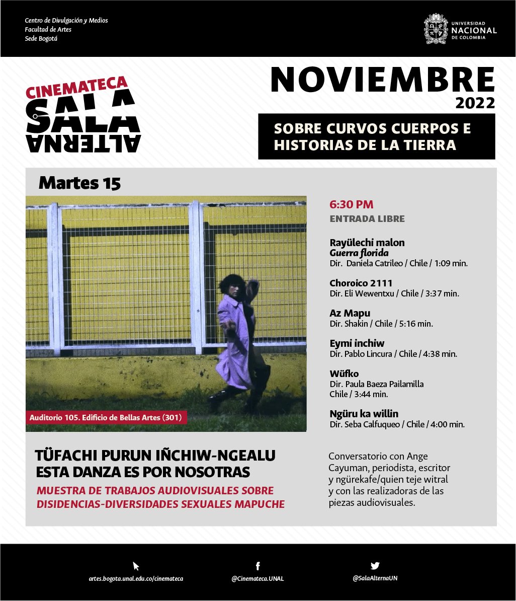 SalaAlternaUN's tweet photo. #ProgramateUNAL🔥¡PRÓXIMO MARTES! 6:30 PM🔥 La Cinemateca de la @Facultad_Artes, como parte del ciclo “Sobre curvos cuerpos e historias de la tierra”, presenta la curaduría “Tüfachi purun iñchiw-ngealu”, conformada por una selección de obras mapuche.
¡Te esperamos!
#SomosUNAL https://t.co/EQKbzLOcOZ