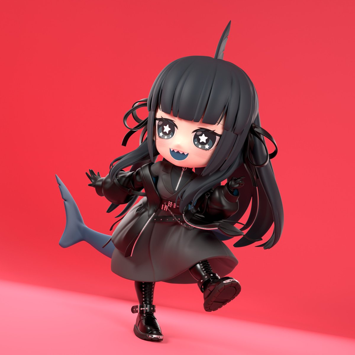 1girl shark girl sharp teeth teeth black hair solo boots  illustration images