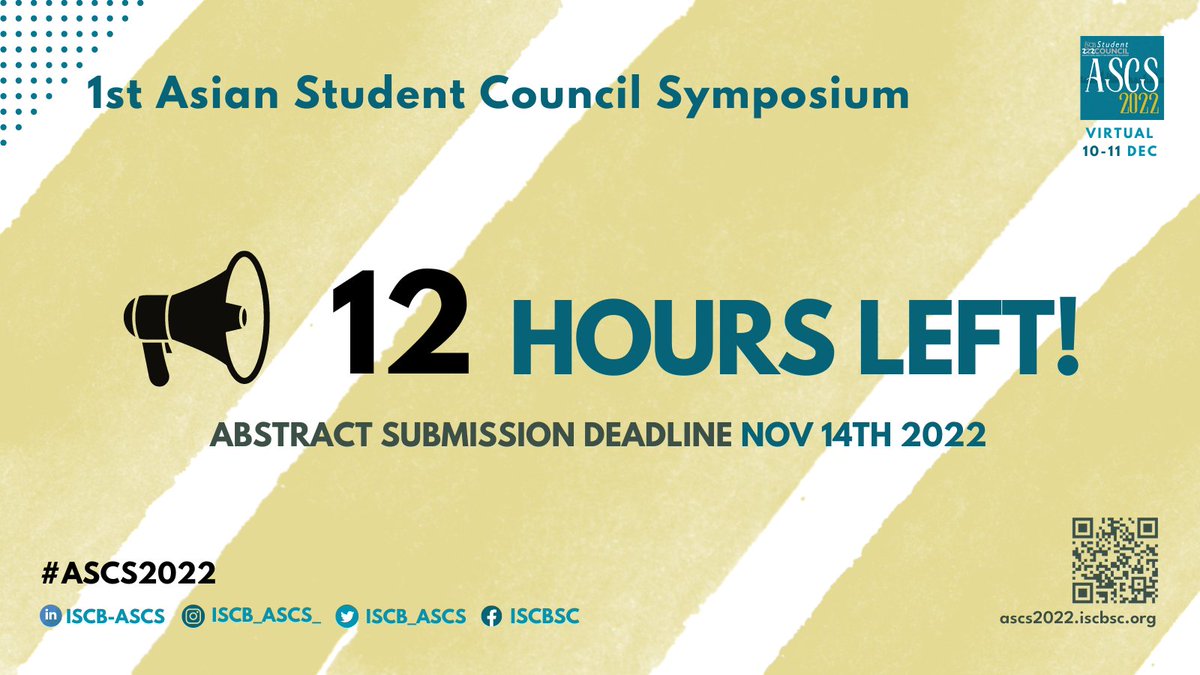 Dear students &amp; Early Career Researchers in #Bioinformatics &amp; #ComputationalBiology, do not miss this excellent opportunity to submit abstracts to #ASCS2022 💻📝

⏱️ ticking ~12h left!

🔗📩: ascs2022.iscbsc.org/abstract-submi… 

We are looking forward to receiving ur amazing research🧬💻 🤩