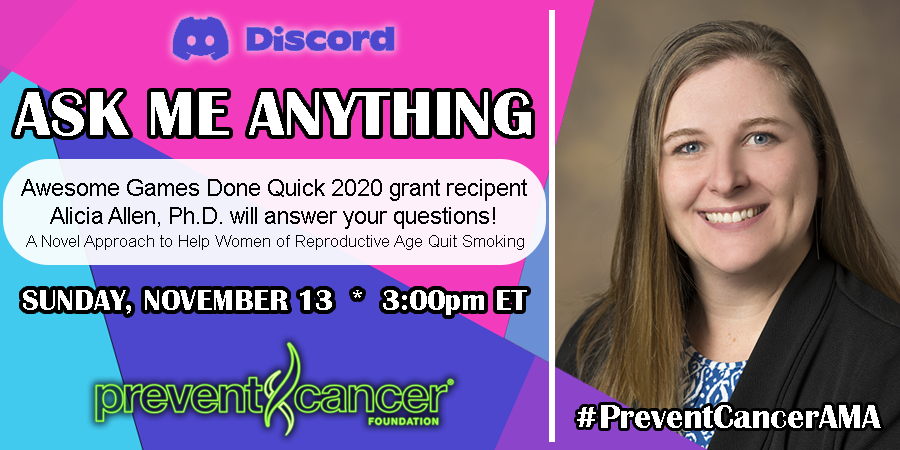 preventcancer's tweet photo. TOMORROW: A conversation with Awesome @GamesDoneQuick research grant awardee @AliciaAllenPhD on @discord about #lungcancer! Join the @preventcancer server & tune in at 3 p.m. ET โก๏ธ https://t.co/Dn2hGbaigd #LungCancerAwarenessMonth #PreventCancerAMA #AGDQ2023 https://t.co/uTrDAGo6qT