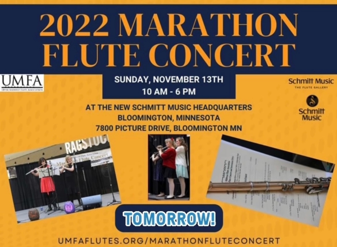 The time is almost here! The 7th annual Flute Marathon Concert is tomorrow!

Join us to hear performances by flutists of all ages and skills and help us raise money for the UMFA Scholarship Fund.

See you tomorrow!