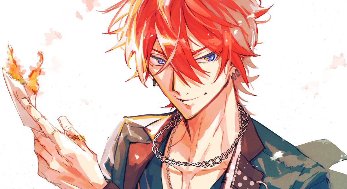 1boy male focus solo jewelry fire red hair smile  illustration images