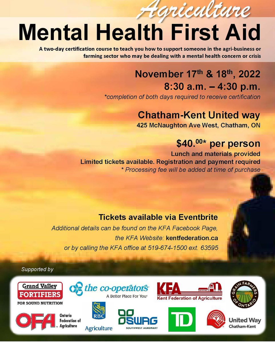 Grand Valley Fortifiers (@grandvalley) on Twitter photo Don't miss the upcoming Agriculture Mental Health First Aid workshop hosted by <a href="/KentFederation/">Kent Federation of Agriculture</a>!
#Ontag #mentalhealth Don't miss the upcoming Agriculture Mental Health First Aid workshop hosted by <a href="/KentFederation/">Kent Federation of Agriculture</a>!
#Ontag #mentalhealth