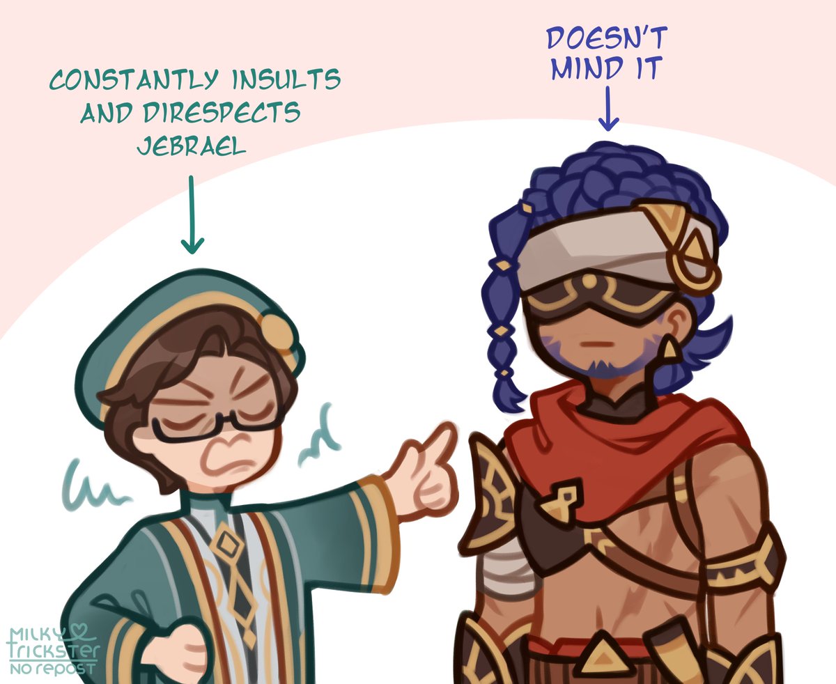 milkytrickster's tweet photo. The whole world quest is about me testing my self control not to yeet Tirzad off a damn cliff 🤡 
 Also I would d1e for Jeht and Jebrael
#GenshinImpact https://t.co/83l54bBNKw