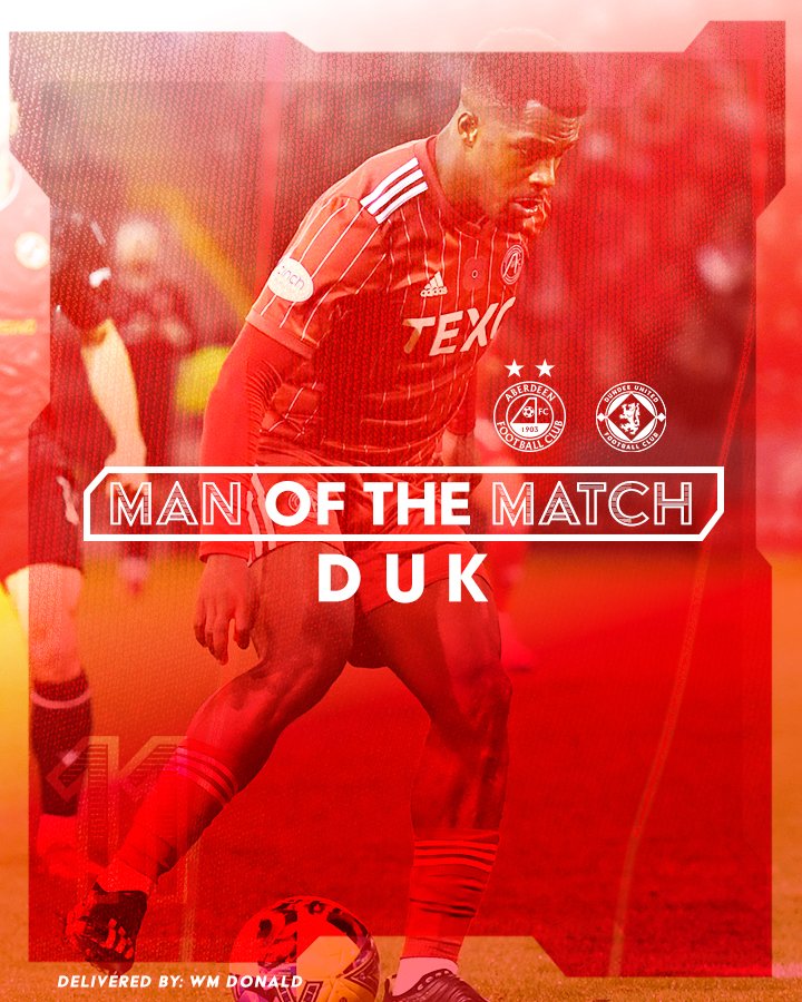 AberdeenFC's tweet photo. 👏 Impressive once again.

🙌 Duk is this evening's WM Donald Man of the Match.

#StandFree | #cinchPrem https://t.co/DZIZkDZxqC
