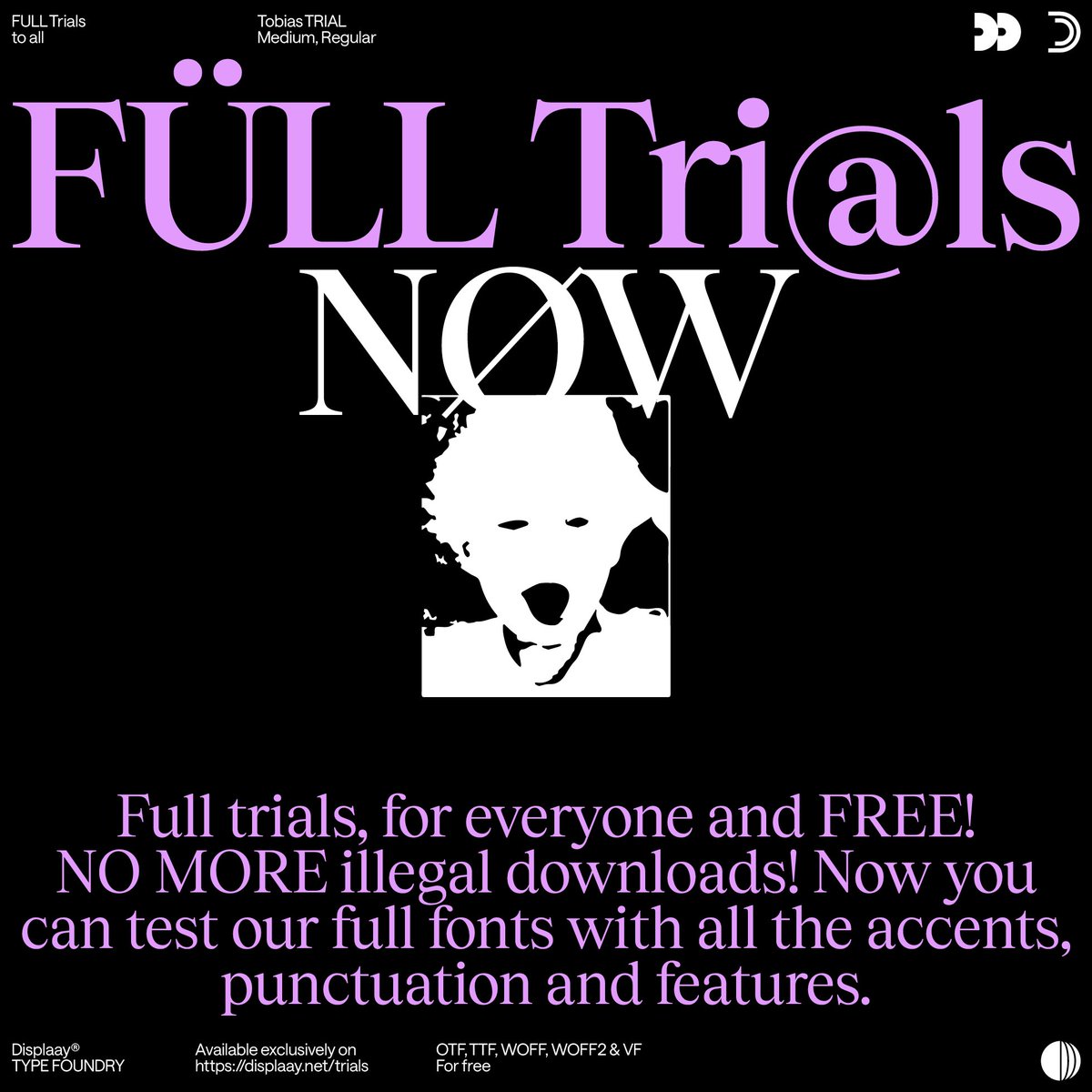 xyz_displaay's tweet photo. Full trials, for everyone and FREE! NO MORE illegal downloads! Now you can test our full fonts with all the accents, punctuation and features. Once you have the right project, purchase the appropriate licenses. 
#displaay #typeface #type #best #font #type #typography #trial https://t.co/1bejGtMhFk