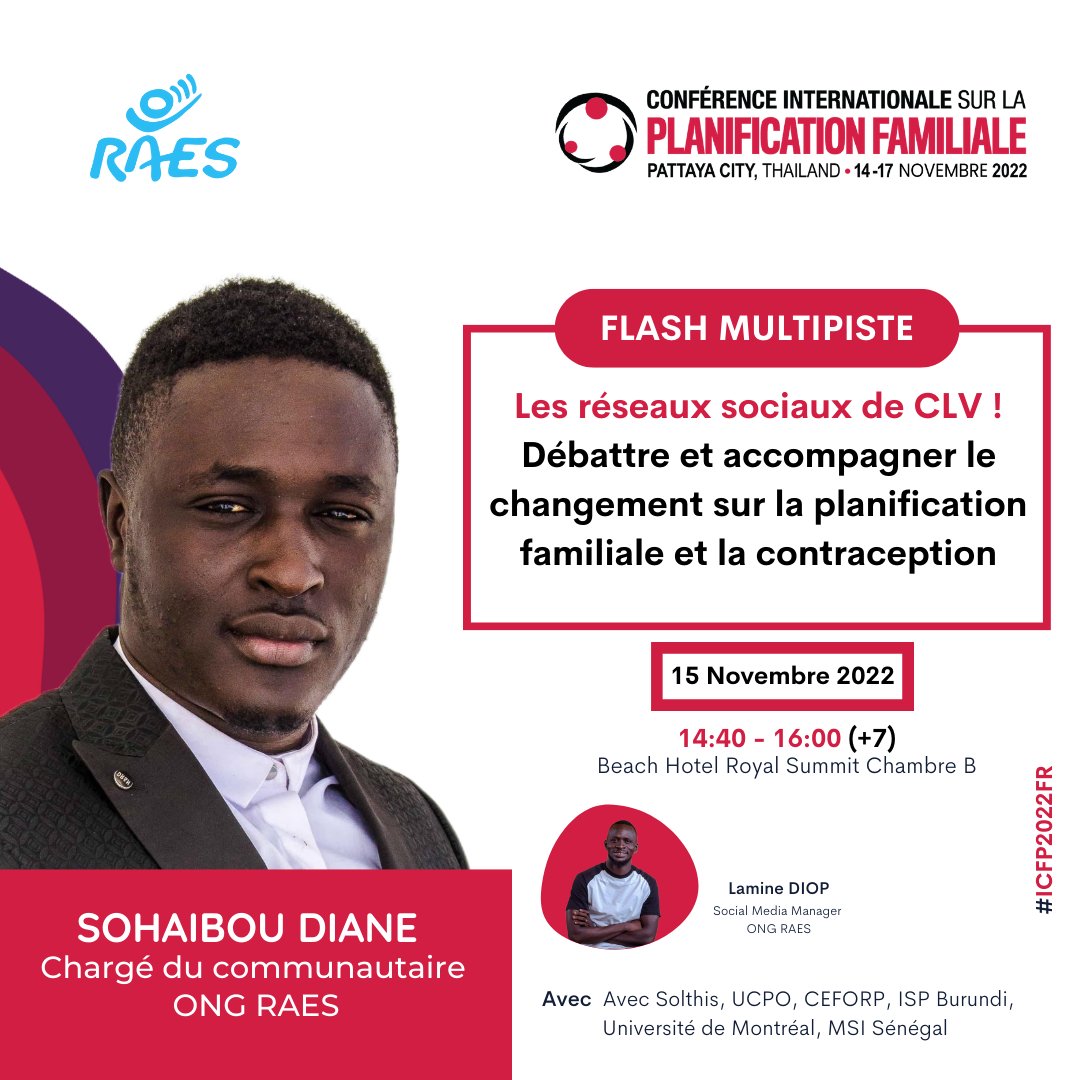 ONG RAES (@ong_raes) on Twitter photo Faire des réseaux sociaux, un espace propice au débat sur la planification familiale et la contraception, voici un des défis qu'à pu relever l'ONG RAES à travers le projet #CestLaVie.
Nous allons en parler Ă  la session Flash francophone de @ICFP2022.
#ICFP2022 #ICFP2022FR Faire des réseaux sociaux, un espace propice au débat sur la planification familiale et la contraception, voici un des défis qu'à pu relever l'ONG RAES à travers le projet #CestLaVie.
Nous allons en parler Ă  la session Flash francophone de @ICFP2022.
#ICFP2022 #ICFP2022FR