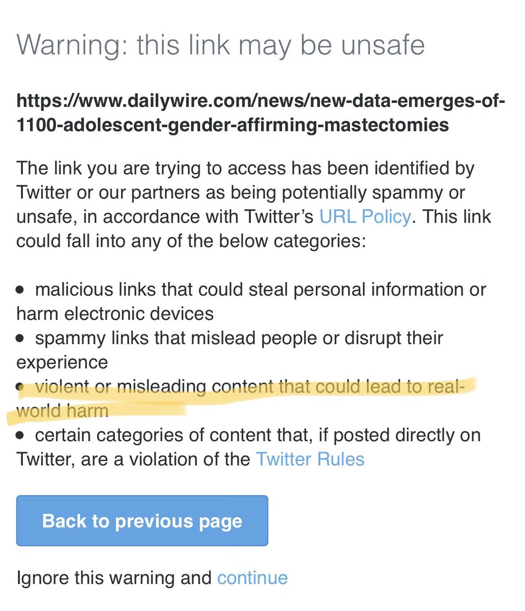 Meet the new Twitter. Same as the old Twitter. The Daily Wire published a factual report about gender surgeries being conducted on minors and this is the warning that comes up if you try to click on it. Absolutely outrageous. The woke brigade is still in charge here.