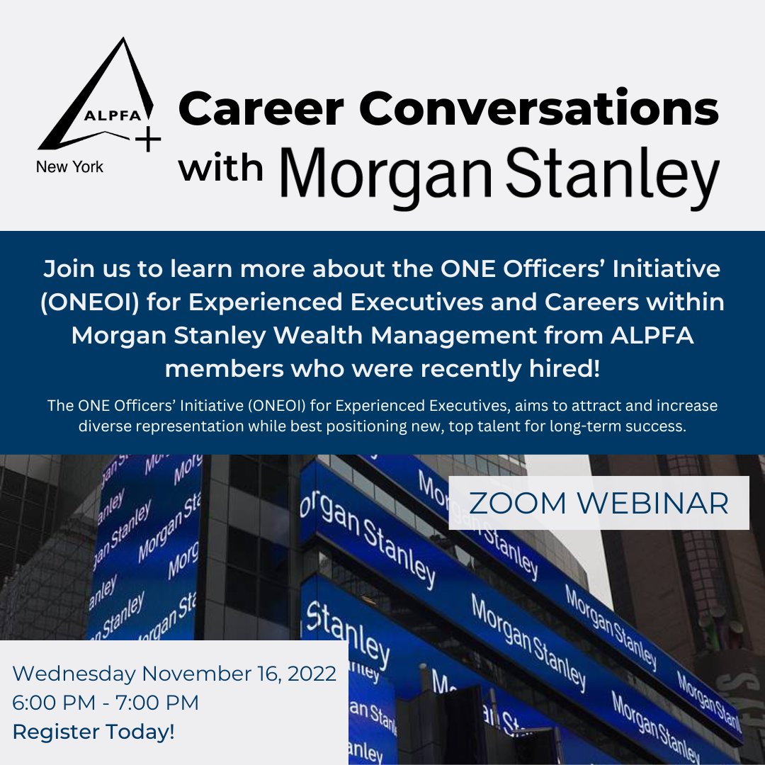 ALPFA_NY's tweet photo. Join @ALPFA_NY and @MorganStanley NEXT WEEK for Career Conversations Series, where we will share more information about the ONEOI and Careers within Morgan Stanley Wealth Management.

Register today!: https://t.co/svBwmp1AVA

#ALPFA #ALPFANY #ALPFA2022 #ALPFA50 https://t.co/3pa2ZyRcR7