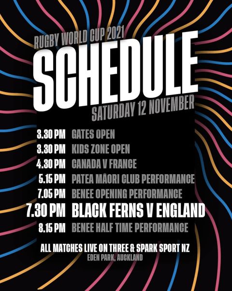 It’s #RWC2021 Final Day! 
All the best to the Black Ferns - you’ve inspired a nation of BFFs (Black Ferns Fans) who are all right behind you 🖤🇳🇿 
See below for watch details and the game day schedule.