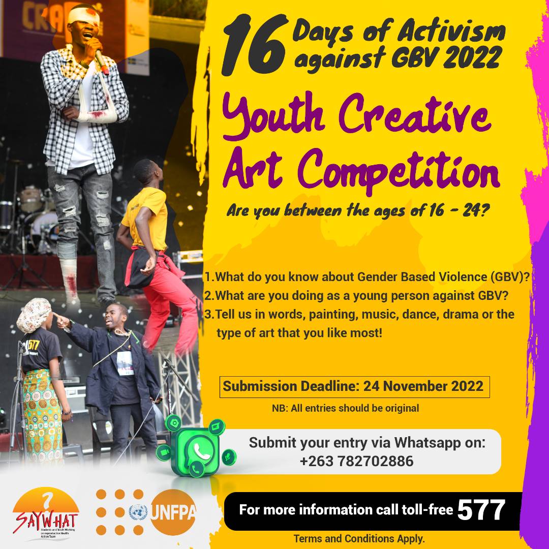 As we approach the 16 Days of activism against Gender Based Violence, here is an opportunity for young people to advocate against #GBV.
See poster for details. 
#SAYWHAT 
<a href="/UNFPA_Zimbabwe/">UNFPA Zimbabwe</a> @ngonewsdigest <a href="/MwanasikanaW/">Mwanasikana Wanhasi</a>