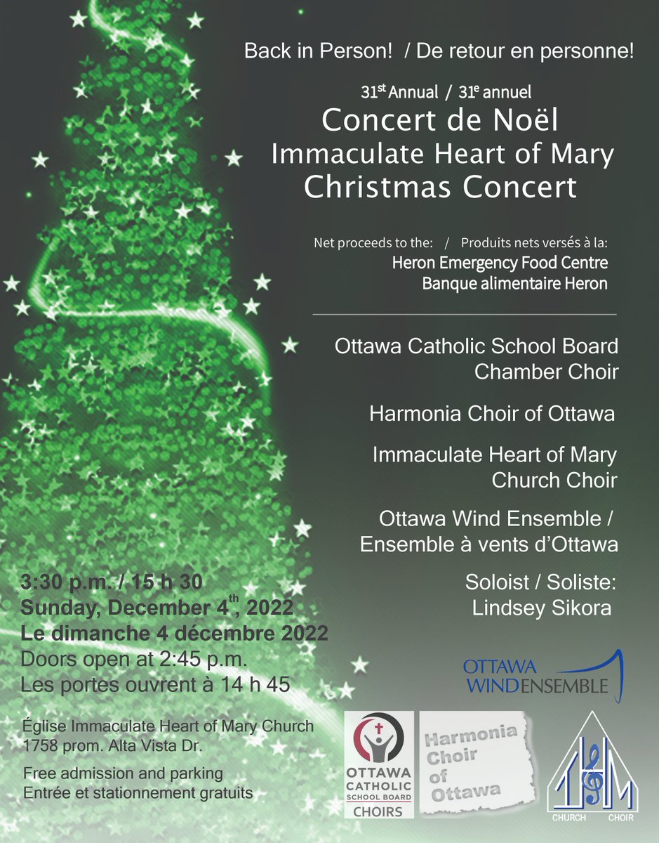 Back in person 👏the Immaculate Heart of Mary Christmas Concert with @OttawaWind @OttCatholicSB Harmonia Choir of Ottawa, IHM Choir, and soloist Lindsey Sikora! Superb seasonal music in support of HEFC your @OttawaFoodBank member agency for south-east Ottawa clients