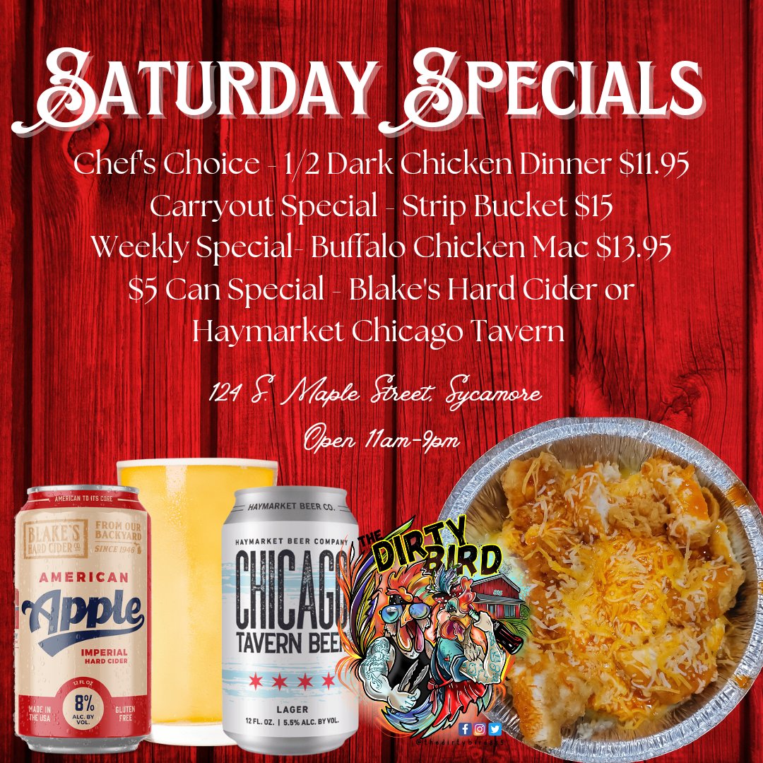 Join us at our new full service dine-in location in downtown Sycamore from 11am-9pm! We have a day packed with specials for you, see them below:

🍽️ 124 S Maple Street, Sycamore IL 🍽️