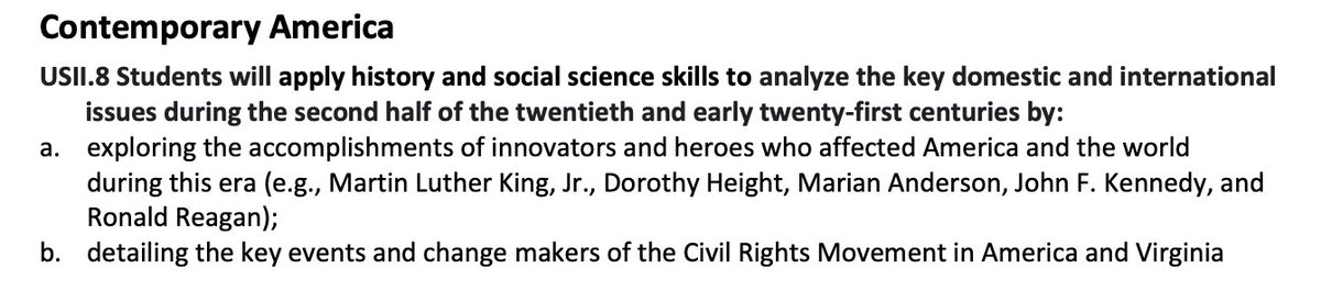 BPaves's tweet image. Based on a quick read, it looks like Youngkin&apos;s team took out:
-Any mention of LGBTQ+ history
-Juneteenth
-&quot;European imperialism&quot;
-&quot;racial conflict&quot;
-Cesar Chavez

In the new version, Ronald Regan is described as one of several &quot;innovators and heroes&quot; alongside MLK Jr.