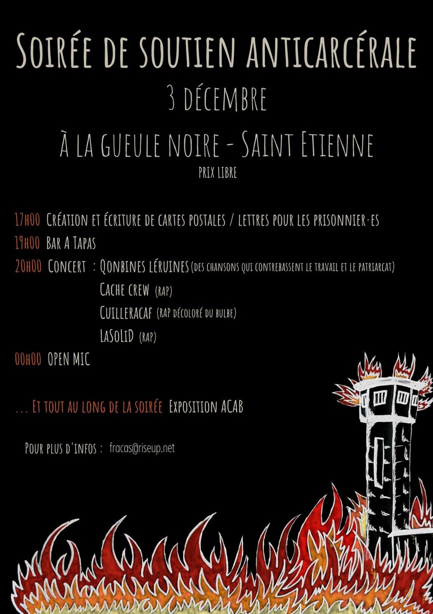 🔥Soirée de soutien anticarcérale à la Gueule Noire (Saint Etienne) le 3 décembre 2022 🔥
