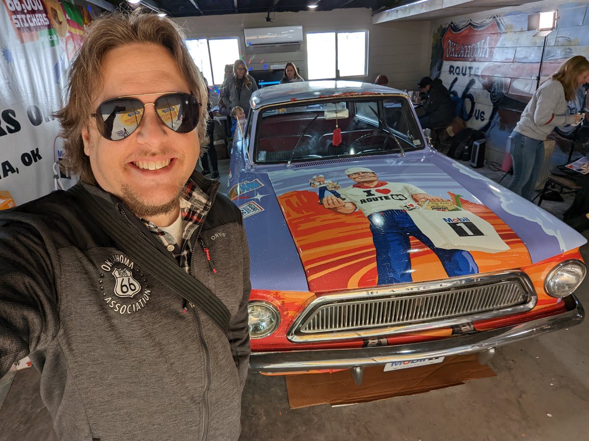 This 1963 AMC Rambler is about to set the World Record for Most Stickers on a Car: 66,000! It's part of @Mobil1's big #Keep66Kickin campaign. Congratulations to the Hi-Way Cafe in Vinita! #OK66 #Rt66StickerCar #Route66