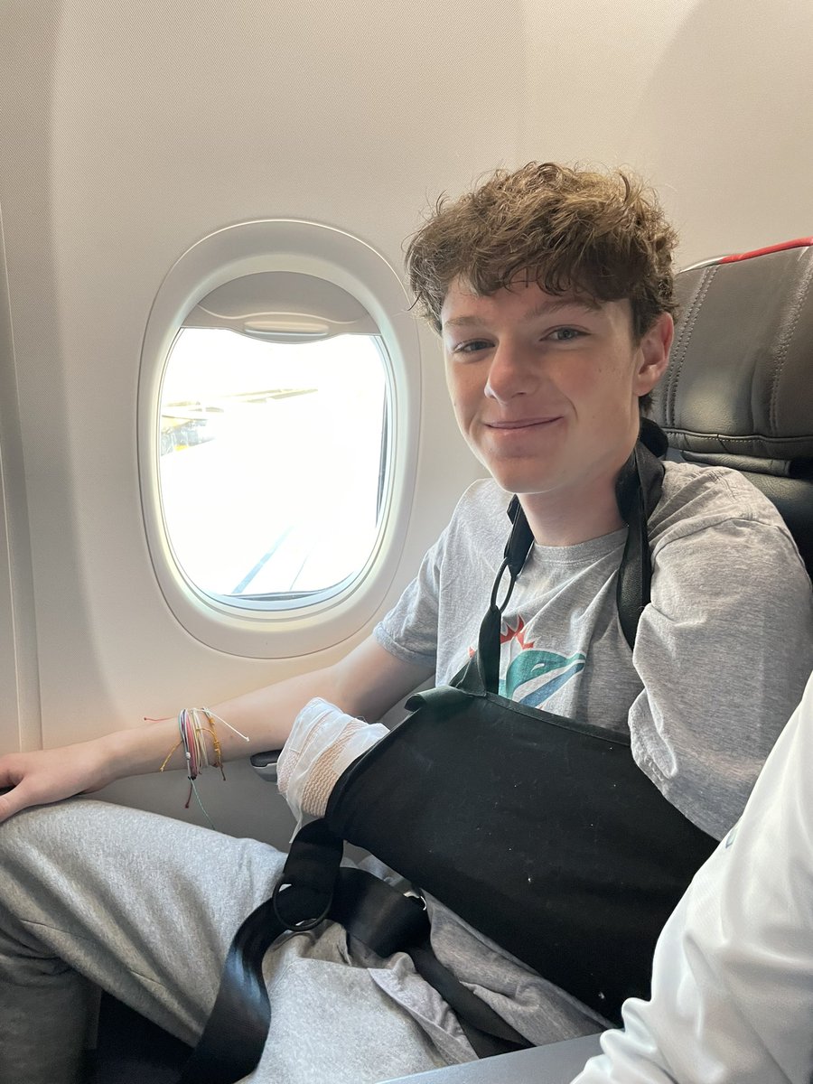 AmyRepke's tweet image. 24hrs post surgery, Jay’s determined to “waddle” [little whoosie] from DCA to MIA for @MiamiDolphins game. Waaay BETTER than a car for #16 bday gift 🐬 #FinsUp @D1_JW
