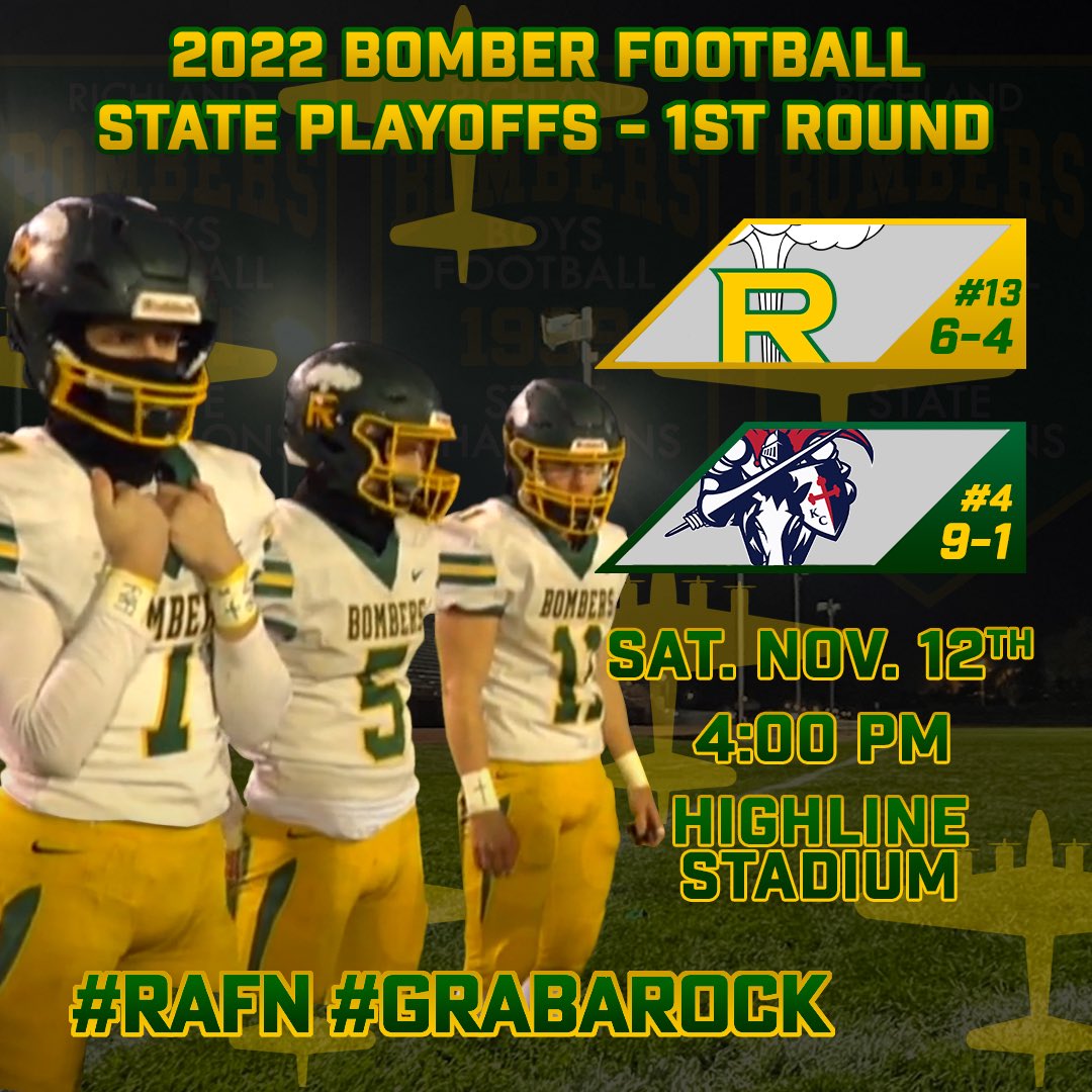 RHSBomberFB's tweet photo. 2022 @wiaawa State Playoffs - 1st Round

🆚 @OurLancerNation 
🗓️ Saturday, Nov. 12th
🕖 4:00 pm
📍 Highline Memorial Stadium
🎟️ https://t.co/EGNhJcSIZg
💻 https://t.co/GKk5B17Dfs

#RAFN // #GrabARock // #GoBombers https://t.co/wZ48ZLq4hT