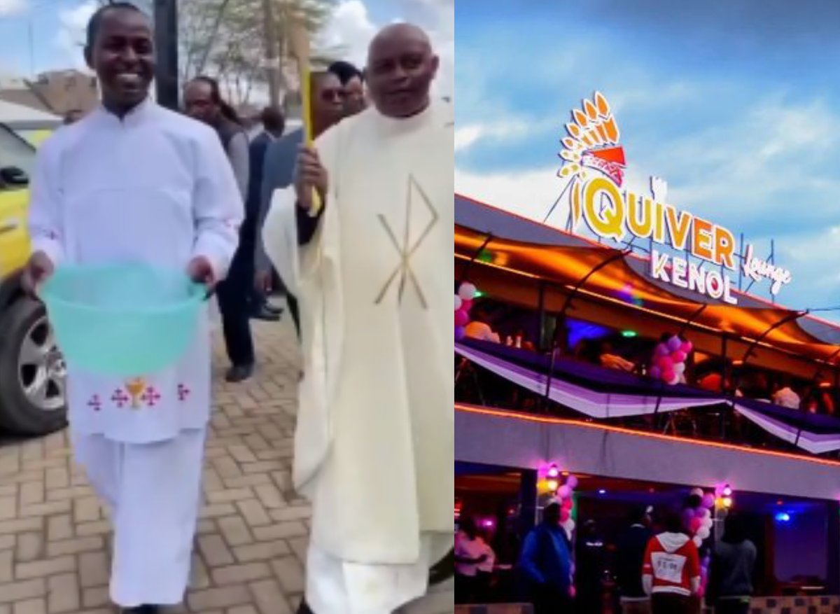 Tuko_co_ke's tweet photo. A video that appeared to insinuate priests were sprinkling holy water to bless a newly opened branch of Quiver Lounge in Kenol has been debunked by event organisers.
Event organisers said that the clerics were blessing the nearby Kilele Mall.
#tukonews #Quiver #Kenol https://t.co/uBqyn1r4ka