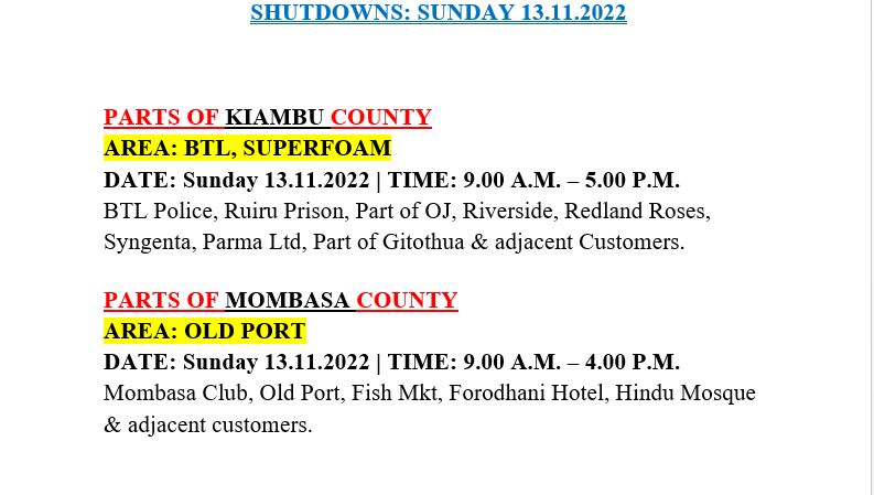 Good Evening, 
The following areas will be on a scheduled outage tomorrow, Sunday 13.11.2022. ^CM