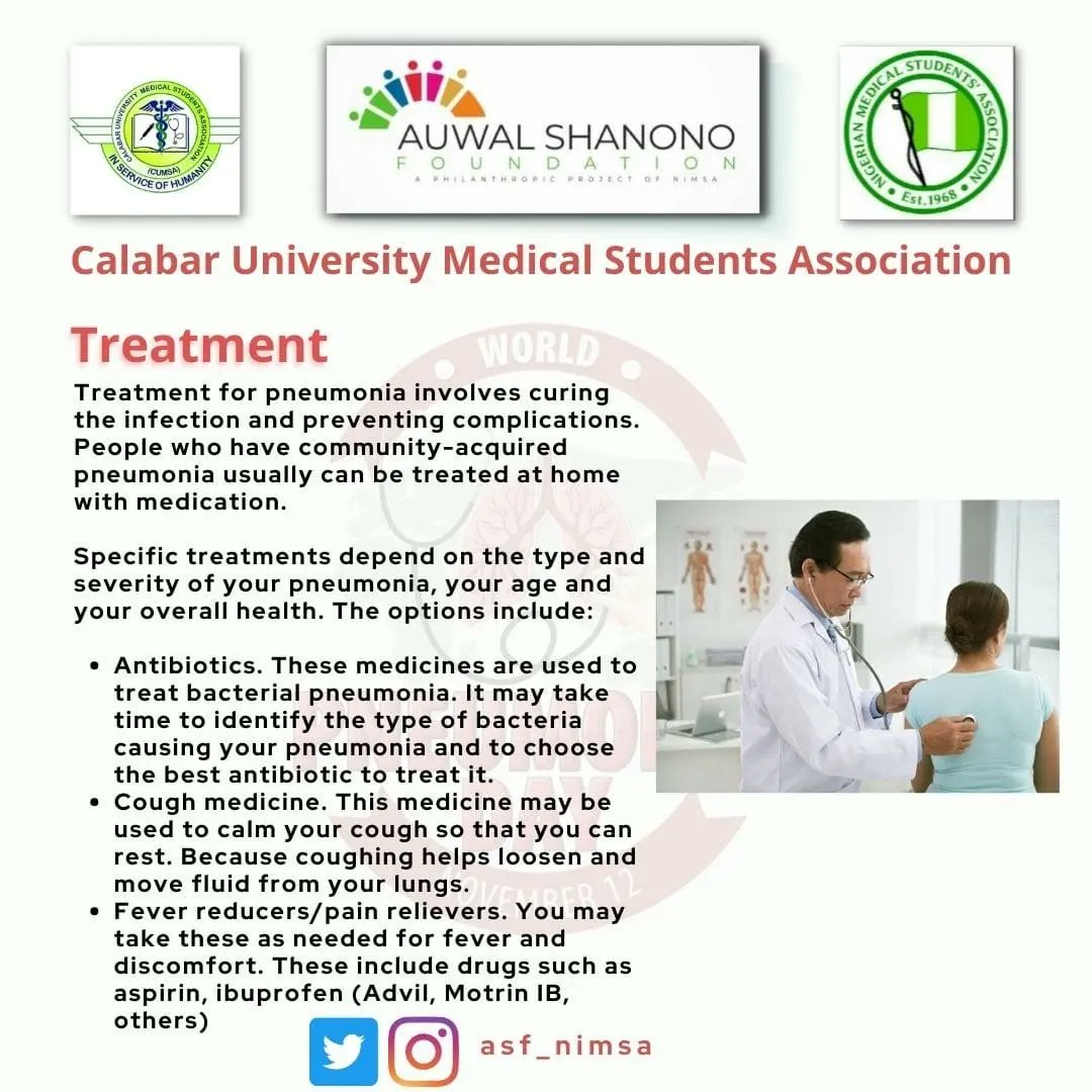 asf_nimsa's tweet photo. AUWAL SHANONO FOUNDATION | CALABAR UNIVERSITY MEDICAL STUDENTS ASSOCIATION(CUMSA)

Presents: World Pneumonia Day
World Pneumonia Day is a global event observed every year on 12 November to spread awareness and educate people to combat Pneumonia disease, https://t.co/uhUGQ4RSkc