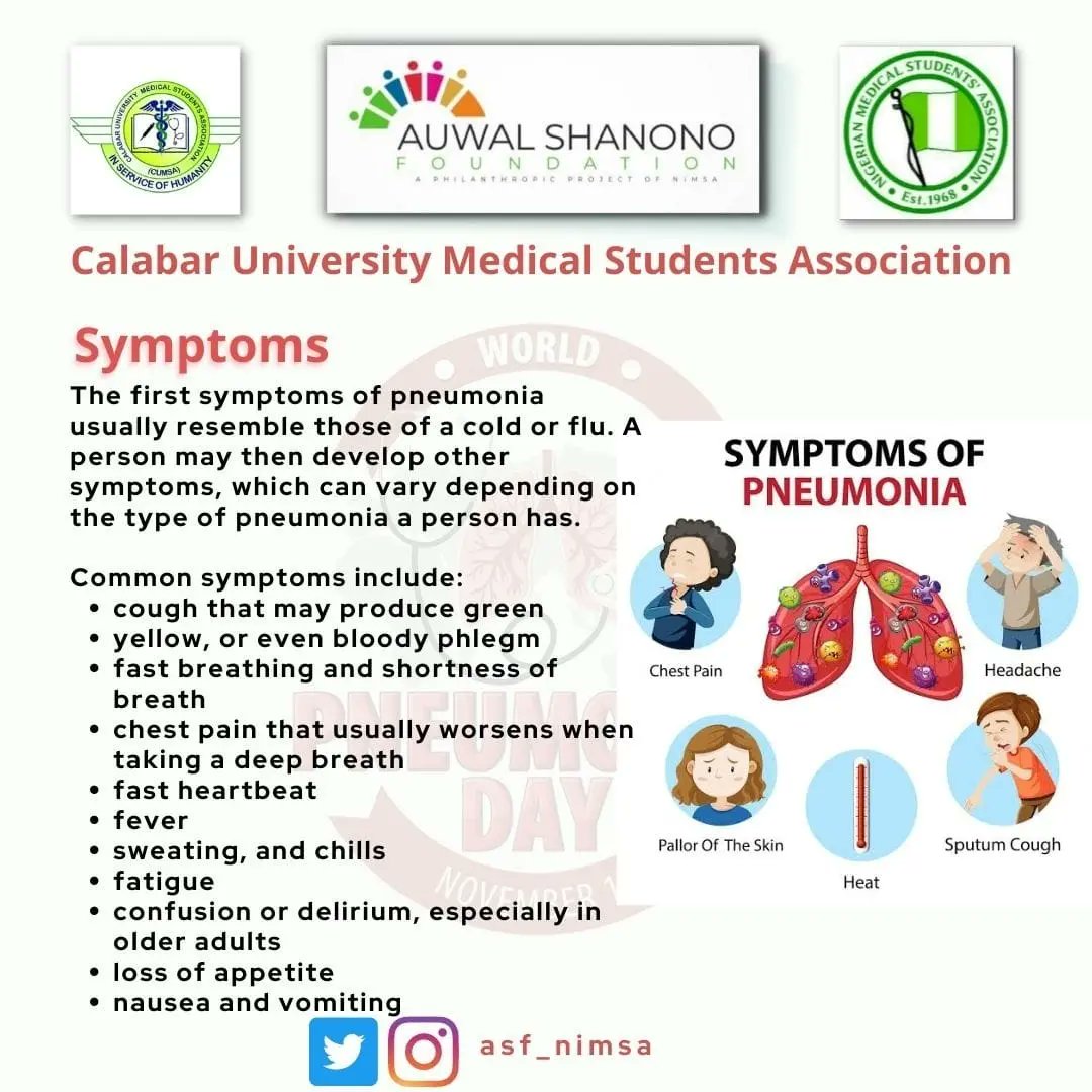 asf_nimsa's tweet photo. AUWAL SHANONO FOUNDATION | CALABAR UNIVERSITY MEDICAL STUDENTS ASSOCIATION(CUMSA)

Presents: World Pneumonia Day
World Pneumonia Day is a global event observed every year on 12 November to spread awareness and educate people to combat Pneumonia disease, https://t.co/uhUGQ4RSkc
