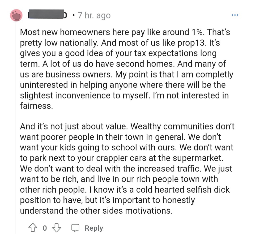 NimbyPatrol's tweet photo. "My point is that I am completly uninterested in helping anyone where there will be the slightest inconvenience to myself. I'm not interested in fairness."
"Wealthy communities don't want poorer people in their town in general. We don't want your kids going to school with ours." https://t.co/wzBcX7eG3x